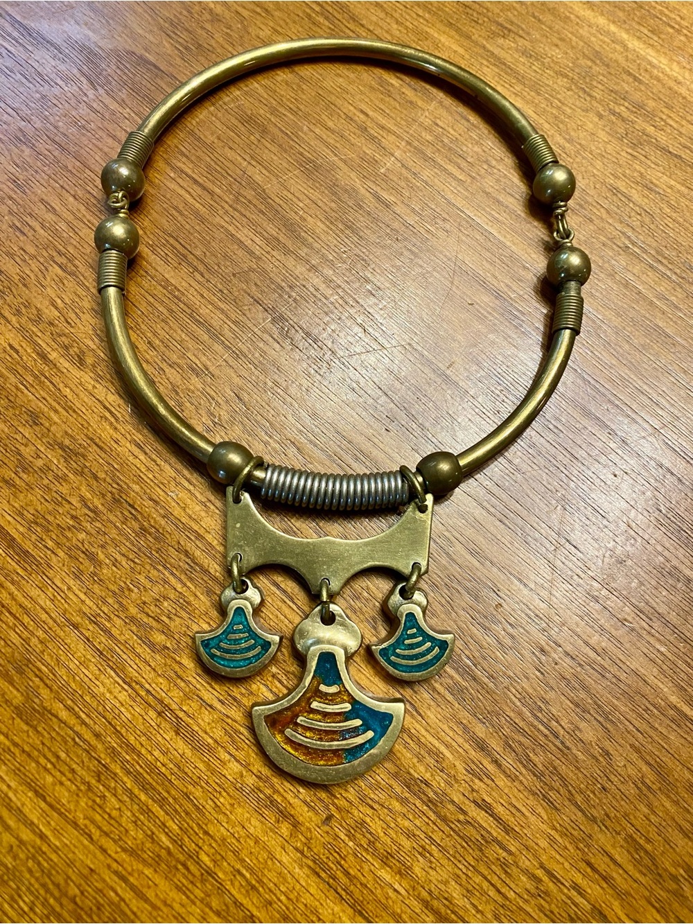 Vintage Boho Brass Statement Necklace with Blue-Green Enamel